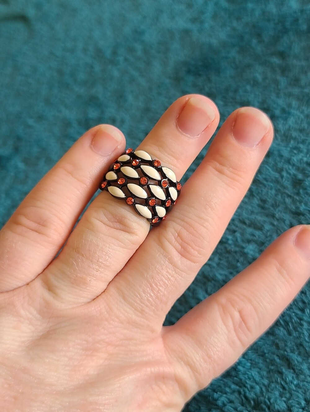 Black Band Ring with Ivory Accents and Garnets
